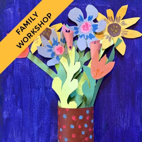 3D Sculpted Paper Flowers on a painted blue canvas with a yellow banner in the top left that reads "Family Workshop"